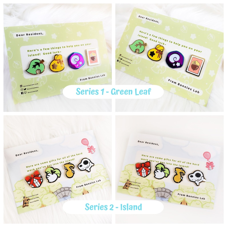 May include: Four sets of enamel pins featuring characters and items from the popular video game Animal Crossing. The pins are arranged on cards with the text "Dear Resident" and "From Bonnies Lab". The first set features a green leaf, a gold bag, a purple shell, and a brown acorn. The second set features a red present, a green apple, a yellow musical note, and a white dog bone.