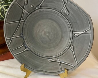 Studio Pottery Decorative Plate or Platter Artist Signed 10 inches Blue Gray