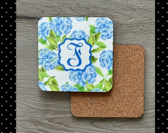 Hydrangea COASTERS, Coastal, Floral, ACK, Island, Preppy, Watercolor, Customized, Personalized, Monogrammed, Set of 2, Set of 4, Gift