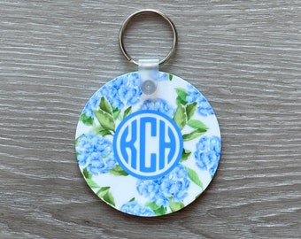 Hydrangea KEYCHAIN, Preppy, Bag Tag, Zipper Pull, Floral, Flowers, Luggage Tag, Personalized, Monogrammed