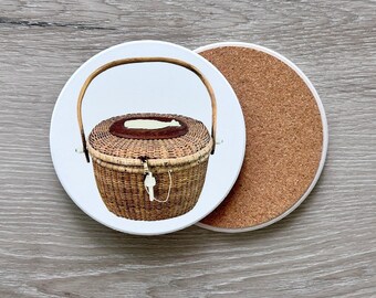 Nantucket COASTERS, Sandstone, Coastal, Beach, ACK, Nantucket Basket, Preppy, Watercolor, Customized, Set of 2, Set of 4, Gift