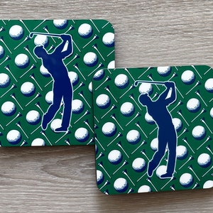 GOLF COASTERS, Club, Ball, Golfer, Preppy, Watercolor, Customized, Personalized, Monogrammed, Set of 2, Set of 4, Gift