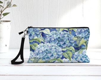 NANTUCKET, Hydrangeas, Wristlet, Clutch, Cosmetic, Makeup, Zip Top, Golf, Whimsical,  Faux Linen, Customized, Personalized, Gift