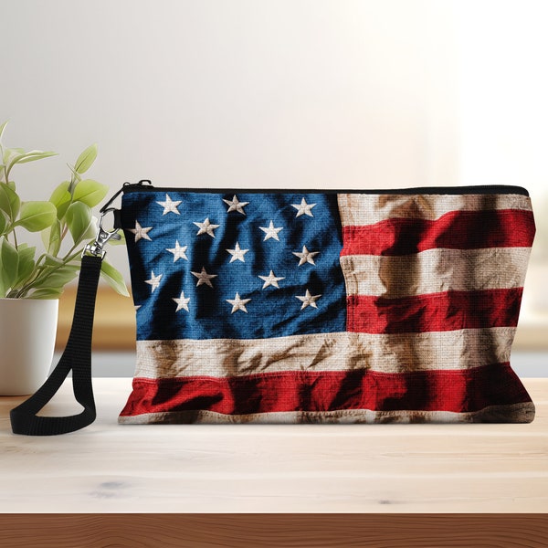 Clutch Bag, American Flag, Wristlet, Cosmetic, Makeup, Zip Top, Patriotic, Faux Linen, Customized, Personalized, Gift