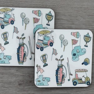GOLF COASTERS, Club, Ball, Whimsical, Preppy, Watercolor, Customized, Personalized, Monogrammed, Set of 2, Set of 4, Gift