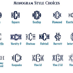 May include: A chart showing different monogram styles, including Circle, Square, Scallop, Diamond, Rustic Ranch, Baskerville, Varsity 3, Chateau, Fishtail, Barrett, Intertwined, Academy Engraved, Keepsake, Vine LC, Vine 2 LC, and Vine 2 UC.