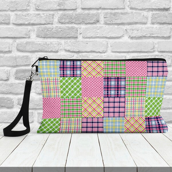 Clutch Bag, MADRAS, Plaid, Wristlet, Preppy, Cosmetic, Makeup, Zip Top, Faux Linen, Customized, Personalized, Gift