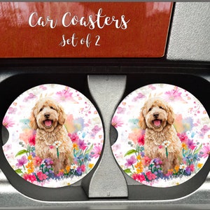 Golden Doodle CAR COASTERS, Neoprene, Dogs, Floral, Preppy, Whimsical, Personalized, Set of 2, Gift