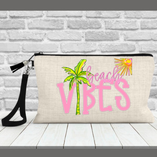 Clutch Bag, Beach, Wristlet, Cosmetic, Makeup, Zip Top, Whimsical, Preppy, Faux Linen, Customized, Personalized, Gift