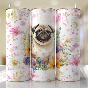 PUG, Floral, Skinny Tumbler, Preppy, 15oz, 20oz, 30oz, Gift