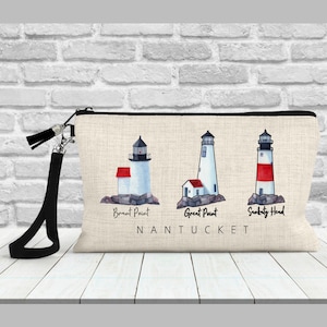 NANTUCKET, Clutch, Lighthouse, Wristlet, Cosmetic, Makeup, Zip Top,  Faux Linen, Customized, Personalized, Gift
