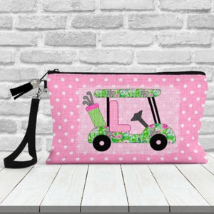 Clutch Bag, GOLF, Golf Cart, Wristlet, Golf Bag, Cosmetic, Makeup, Zip Top, Watercolor, Preppy,  Faux Linen, Personalized, Gift