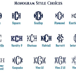 May include: A chart showing 12 different monogram styles, each with the letters KCH. The styles include Circle, Square, Scallop, Diamond, Rustic Ranch, Baskerville, Varsity 3, Chateau, Fishtail, Barrett, Intertwined, Academy Engraved, Keepsake, Vine LC, Vine 2 LC, and Vine 2 UC.