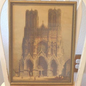 Antique Framed Lithograph---Antique Print of Rheims Cathedral---Old Hand-Colored Lithograph---Old Framed Lithographs---1900-1920 Lithographs
