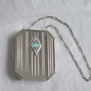 Art Deco Dance Compact Purse---Antique Compact With Wristlet Chain---Compact With Guilloche Enamel Medallion---1920&#39;s Compact Purse