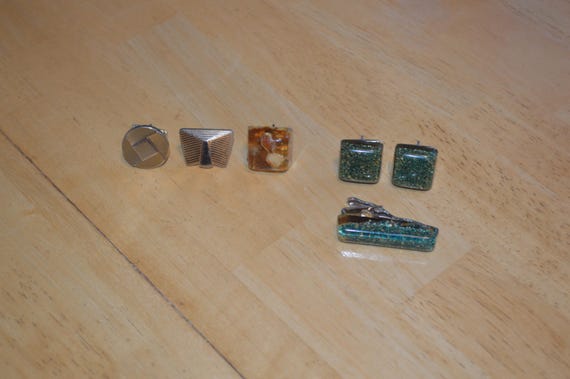Vintage Cuff Links/Tie Clip Set and 3 Cuff Links------Silvertone Cuff Links/Tie Clip Set--Goldtone Cuff Links--Cuff Links from the 1940-50's