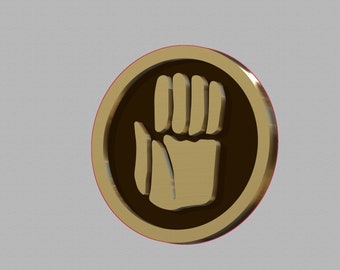 Puede incluir: Un emblema redondo de color dorado con un puño en alto dentro de un círculo marrón oscuro. El emblema tiene un brillo metálico y un contorno rojo, sobre un fondo negro.
