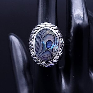 Vintage Abalone Ring, Sterling Silver, CFJ Hallmark, Brutalist Organic Textured Large Abalone Heavy Statement Silver Ring