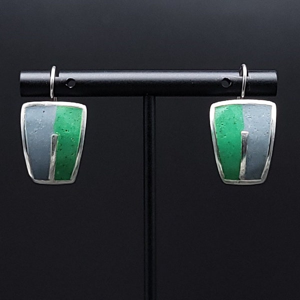 David Urso Modernist Green & Blue Crushed Resin Inlay Earrings, Vintage Designer, Sterling Silver, 1"