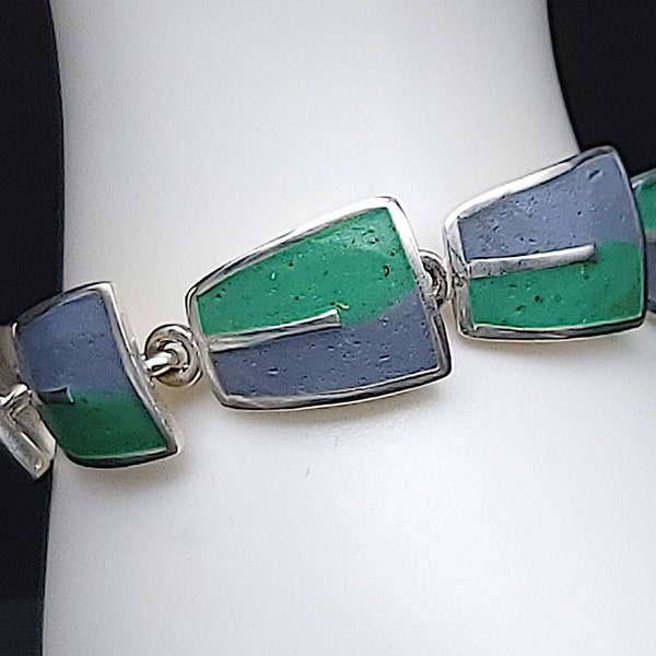 David Urso Modernist Green & Blue Crushed Resin Inlay Panel Link Bracelet, Vintage Designer, Sterling Silver