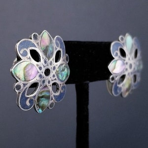 TAXCO Vintage Sterling Silver Abalone Screw Back Earrings, Taxco Hallmarked, 1&quot; 7.69g