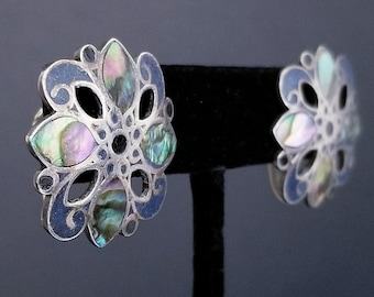 TAXCO Vintage Sterling Silver Abalone Screw Back Earrings, Taxco Hallmarked, 1" 7.69g