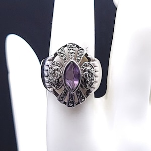 Vintage Purple Amethyst Ring, Sterling Silver, Art Deco Style Marquise Cut Amethyst Filigree Statement Ring, size 8.75