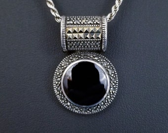 Vintage Sterling Silver Black Onyx Pendant Necklace, 1.25" 15.8g