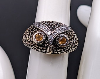 Vintage Vermeil Sterling Silver Owl Ring: Citrine Eyes, Diamond Accents