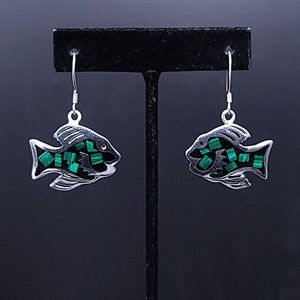 Vintage Sterling Silver Green Malachite Fish Earrings, 1.75&quot; 13g