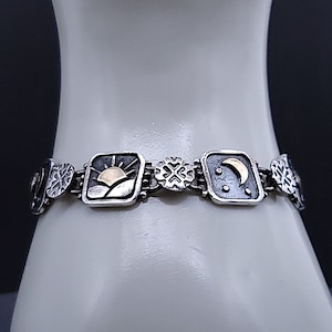Vintage Celestial Bracelet, 14K Yellow Gold & Sterling Silver, Artisan Moon Stars and Sun Overlay Panel Link Dual Tone Bracelet