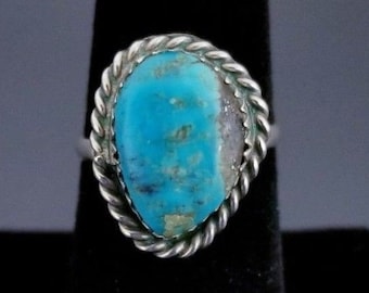 Vintage Turquoise Ring, Sterling Silver, size 6, Artisan Natural Turquoise Roped Silver Ring