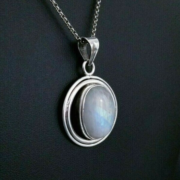 Vintage Moonstone Pendant Necklace, Sterling Silver, Large Rainbow Flash Oval Moonstone Cabochon Pendant Necklace, 1 5/8" 12g