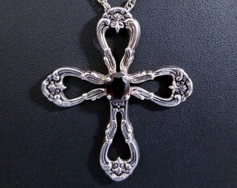 Vintage Sterling Silver Dark Red Quartz Cross Pendant Necklace, 14.89g