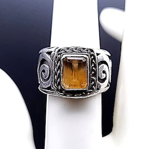 Vintage Citrine Ring, 925 Sterling Silver, BA Signed, Artisan Emerald Cut Yellow Citrine in Greek Style Setting, size 7.5