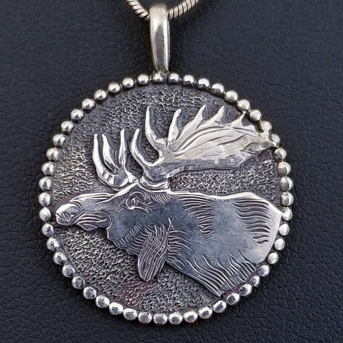 Shops Vintage Sterling Silver Moose Pendant Necklace, KK Signed, 1