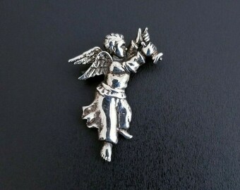 Vintage Sterling Silver Cherub Angel Pendant or Brooch, 1 5/8" 5.7g
