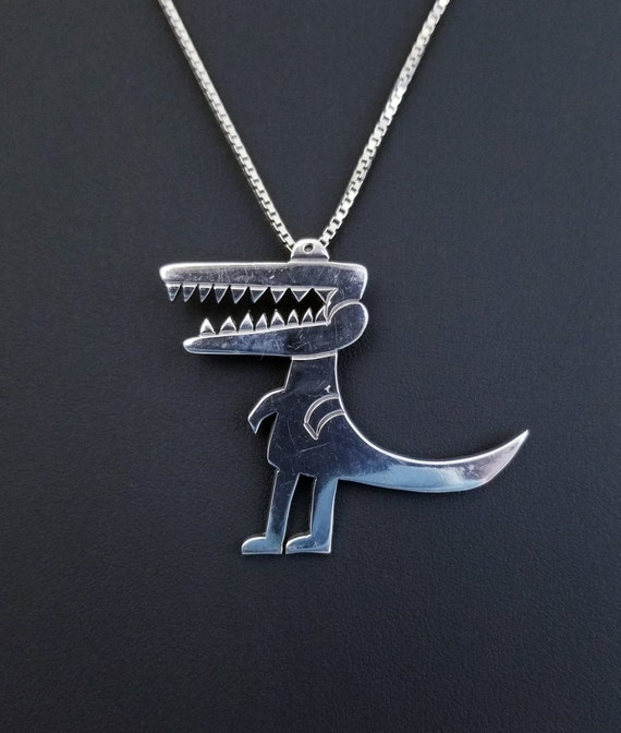 Vintage Dinosaur Pendant Necklace, Sterling Silver
