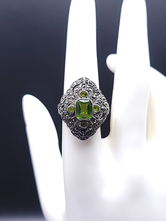 Vintage Faux Emerald Ring, Sterling Silver, Art De