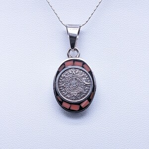 Vintage Sterling Silver Rustic Aztec Calendar Inlay Pebble Pendant Necklace