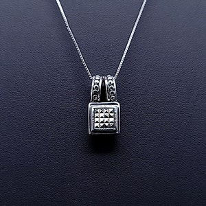 Vintage Sterling Silver Pave Marcasite Studded Black Onyx Reversible Box Pendant Necklace, XS Hallmarked