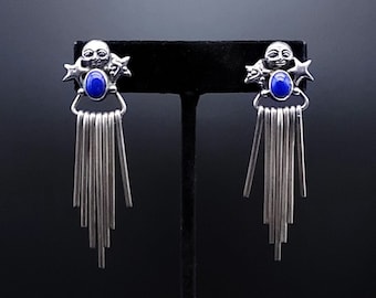 Vintage Lapis Lazuli Earrings: Sterling Silver Moon & Star Fringe