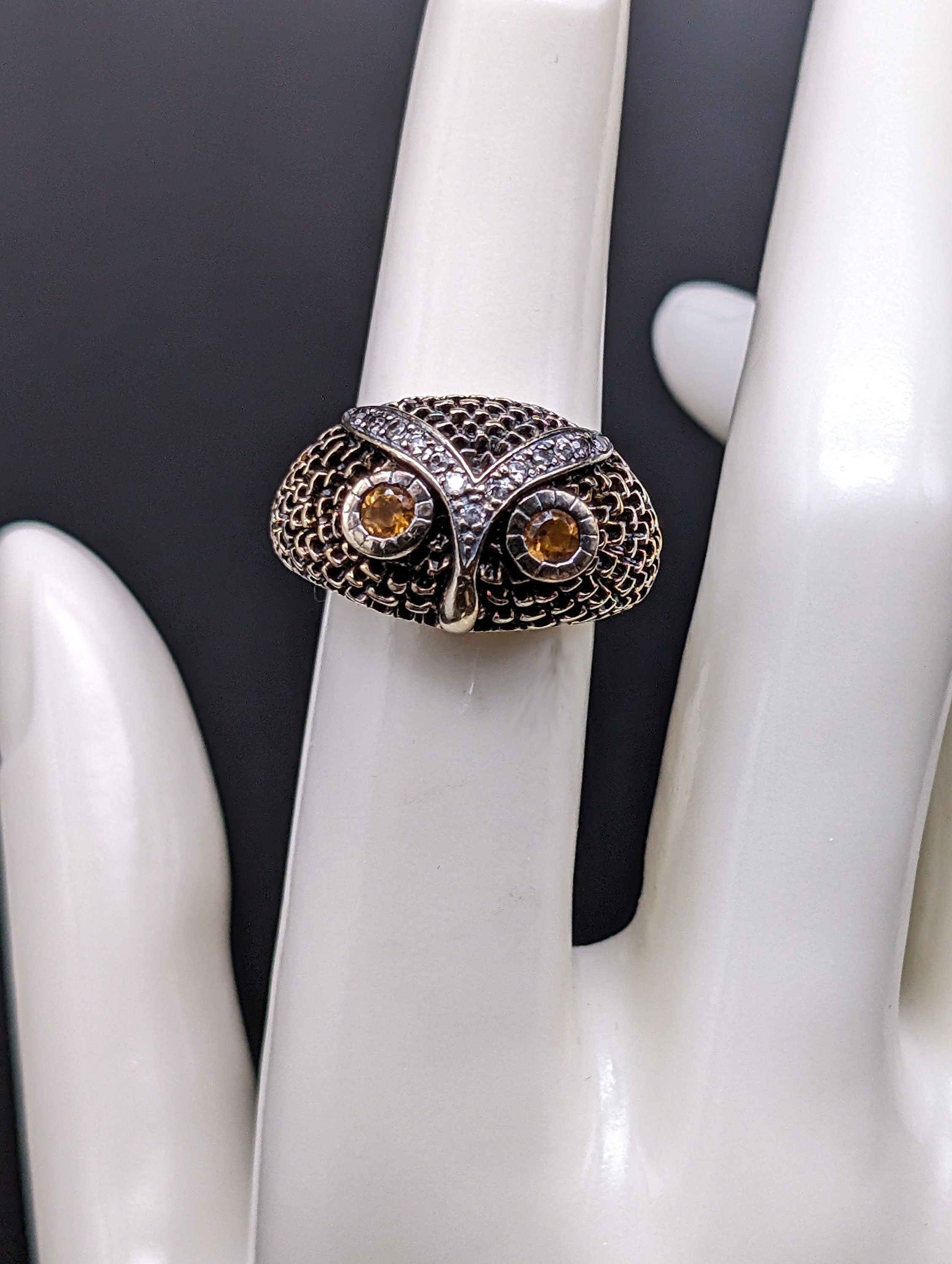 Vintage Vermeil Sterling Silver Owl Ring: Citrine Eyes, Diamond Accents