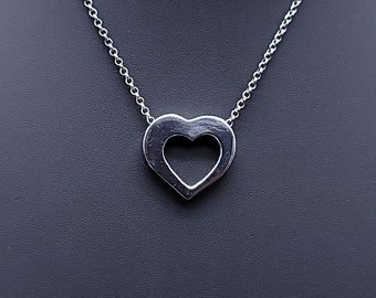 Vintage Heart Pendant Necklace, Sterling Silver, Cutout Box Heart Silver Pendant Necklace