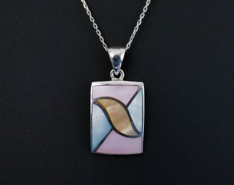 Vintage Sterling Silver MoP Mosaic Pendant Necklace, 7.2g