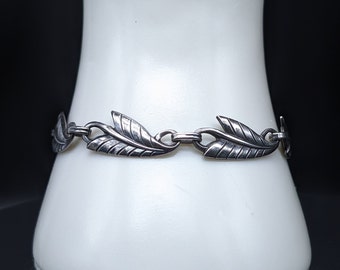 Vintage Sterling Silver Tropical Leaf Link Bracelet, Oxidized Patina, 7.5" 9.4g