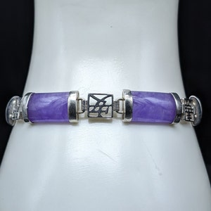 Elegant 925 Sterling Silver Oriental Style Treated Purple Jade Link Bracelet