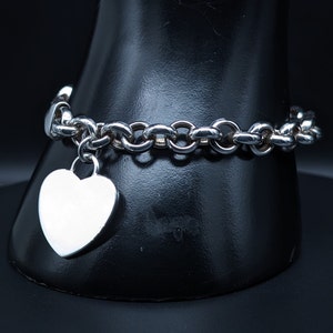 Vintage Sterling Silver Heart Tag Charm Rolo Chain Link Bracelet, M Italy Hallmarked