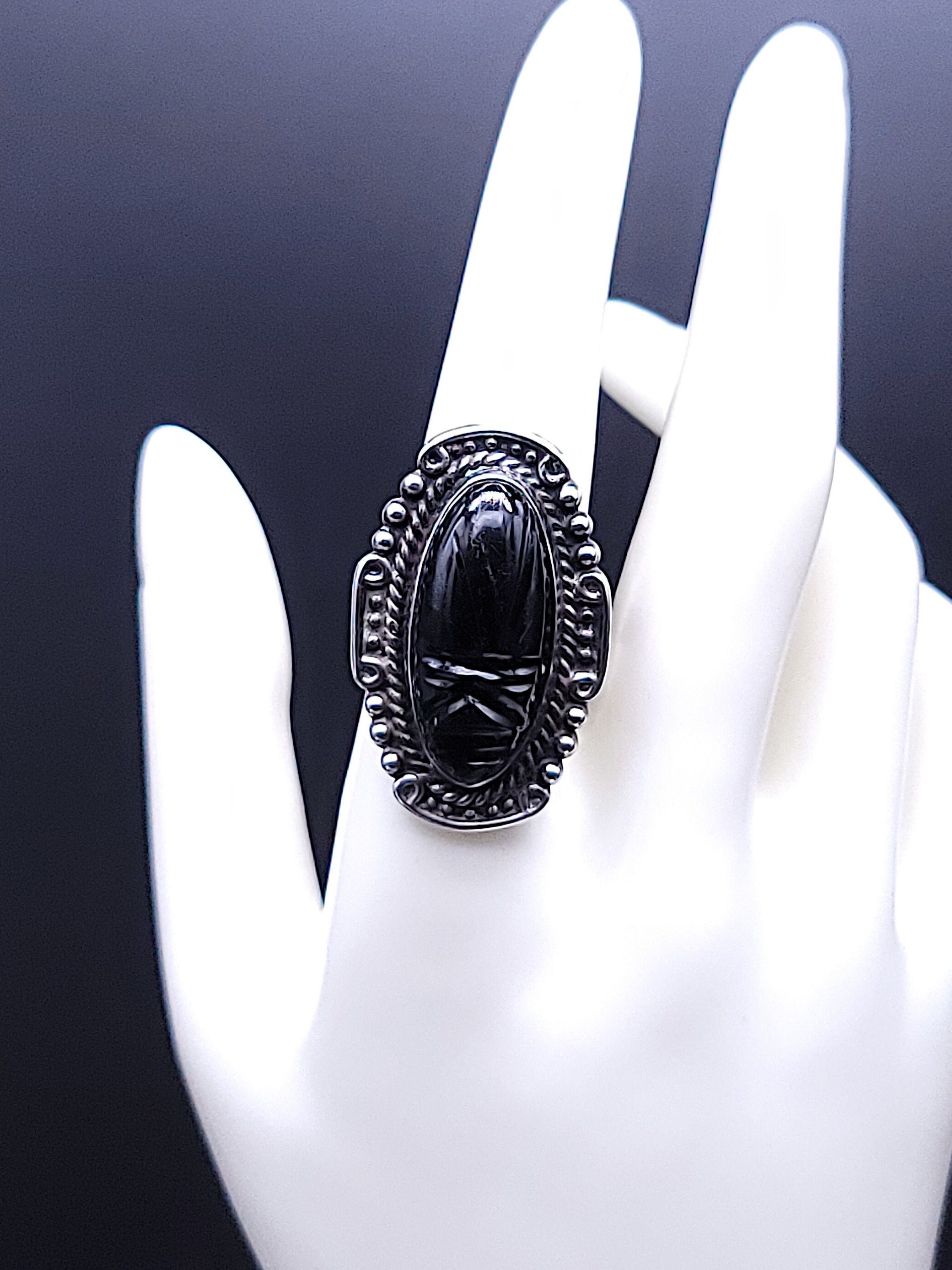 Vintage Sterling Silver Carved Black Onyx Mexican Tribal Aztec - Etsy