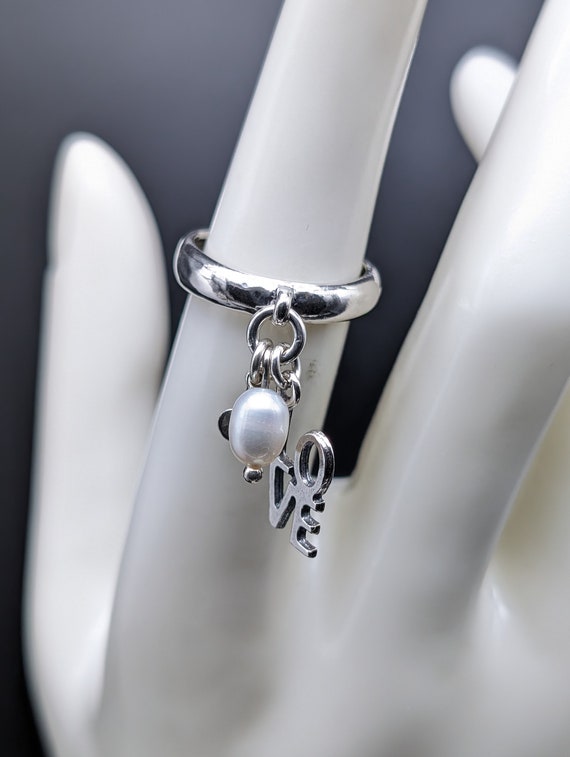 Vintage Sterling Silver Rice Pearl LOVE Heart Charm Ring